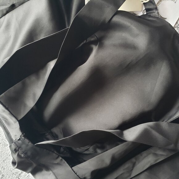 Shiny Black Satin Commense Flare Skirt Dress w Apron Front + Neck Ribbon - Picture 15 of 16